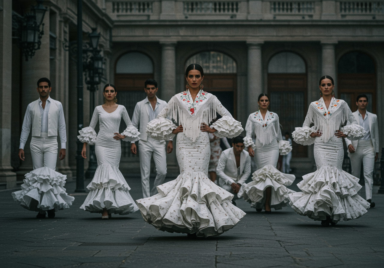 An atmospheric, dynamic scene featuring a group of sophisticated white models (both women and men) gathered in an elegant urban setting. They are dressed in a fusion of traditional flamenco attire and contemporary fashion, symbolizing the unity and community of a fashion brand rooted in heritage yet driven by innovation. The image should convey a sense of exclusivity, vibrant detail, and artistic flair, inviting the viewer to experience the unique spirit of a community united by style.